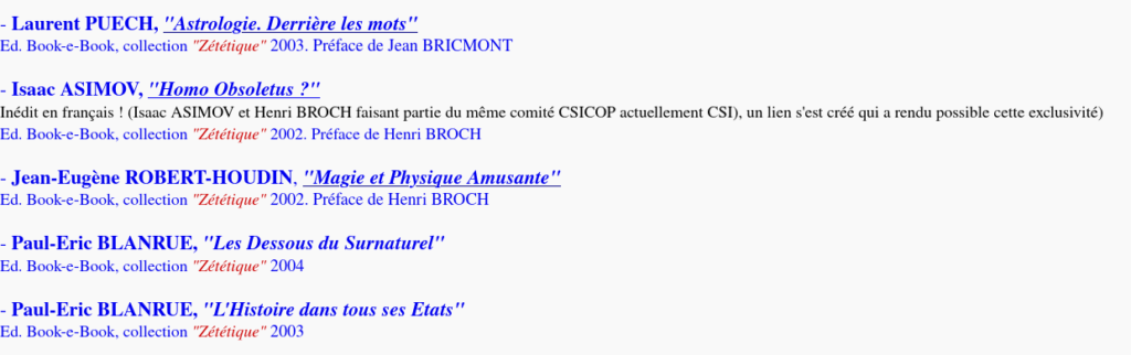 Capture d'écran du site d'Henri Broch sur lequel on voit les livres de Blanrue.