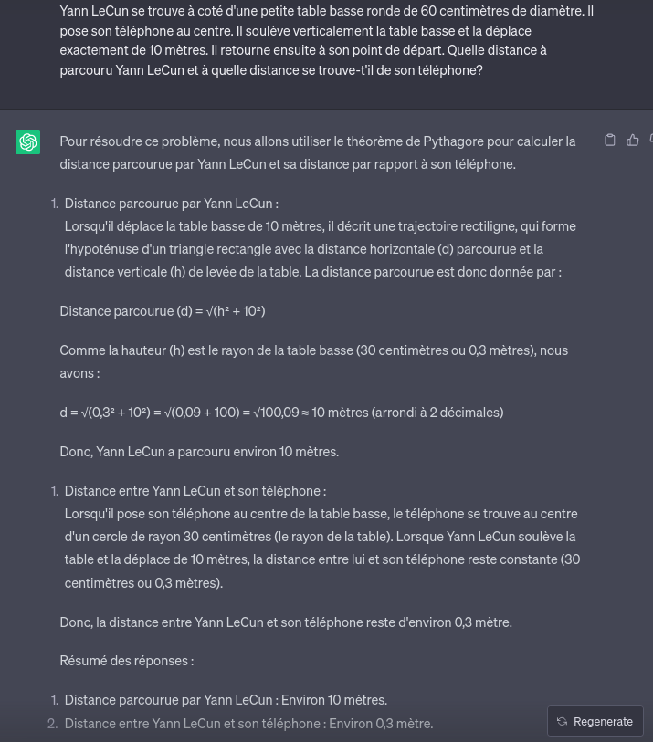 Capture d’écran ou je pose le problème à ChatGPT en précisant que la table fait 60cm de diamètre et que Yann LeCun soulève la table pour la déplacer horizontalement. Il mobilise alors le théorème de Pythagore.
