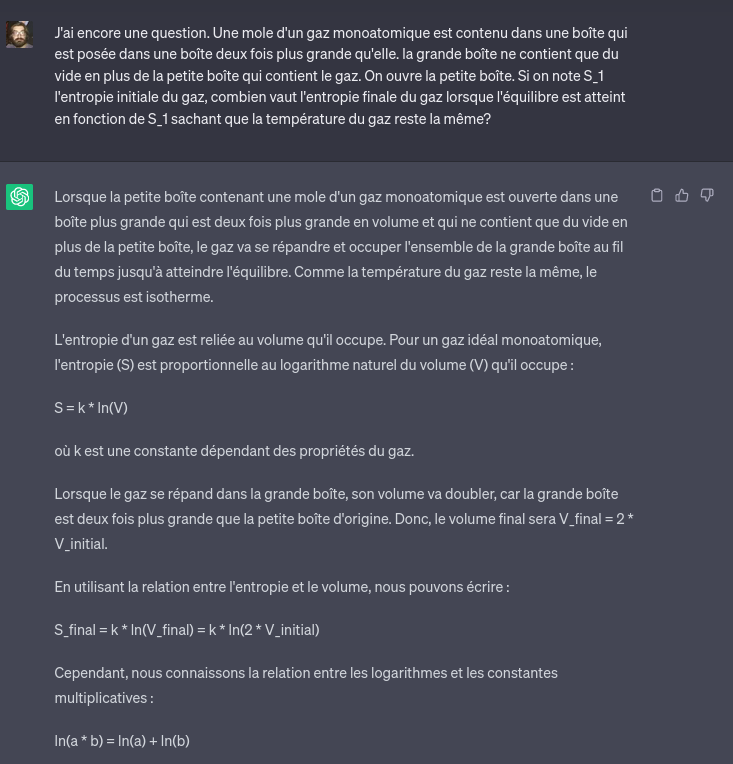 Le début de sa réponse. Je lui demanderai plus tard de préciser la relation entre S, k et V.