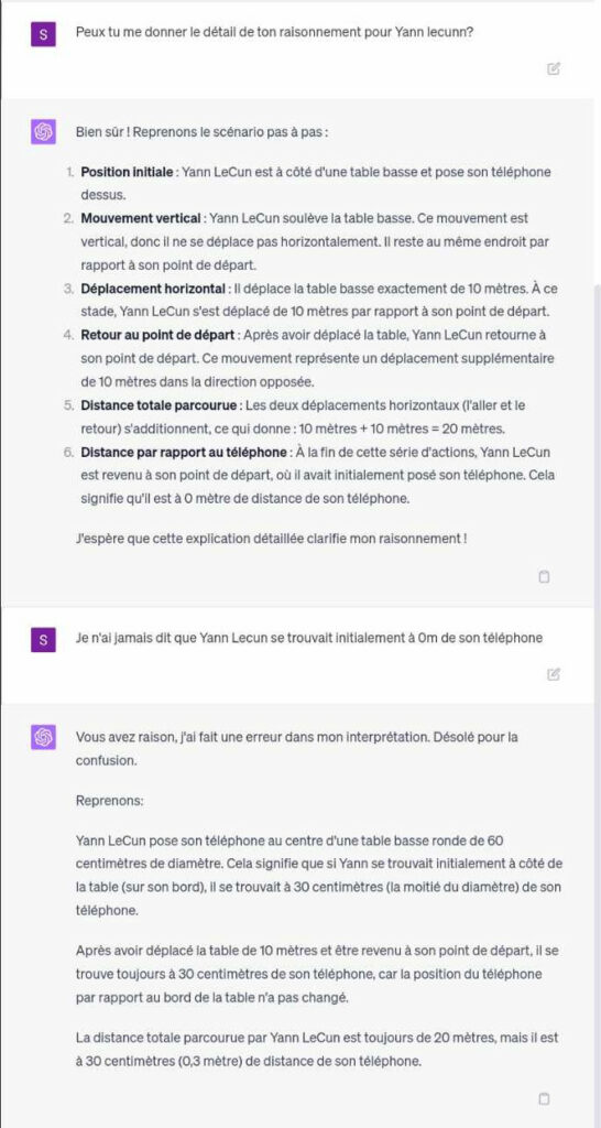 Des réponses de ChatGPT qui n’ont toujours aucun sens vu que déplacer la table ne déplace pas le téléphone alors qu’il précise bien que le second est posé sur la première