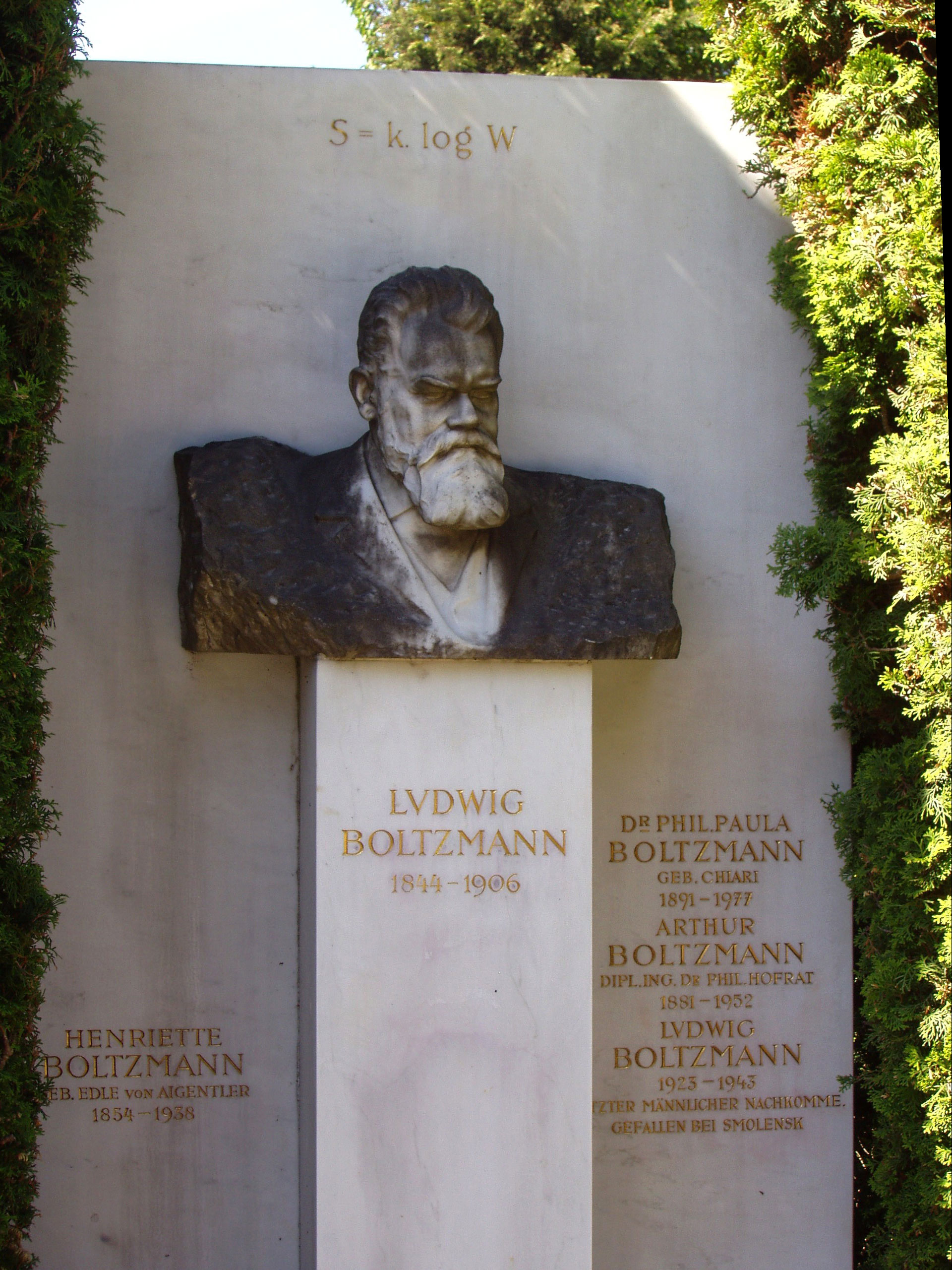 Photographie de la tombe de Ludwig Boltzmann en haut de laquelle se trouve l’inscription S=k*log(W)