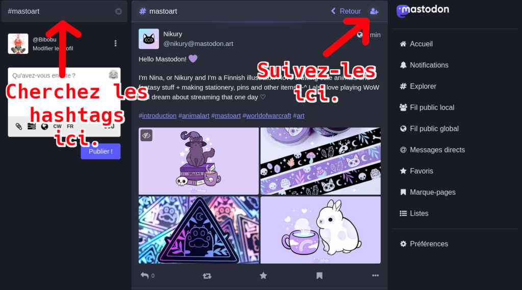 Capture d’écran de l’interface web avec la barre de recherche et le
bouton “Suivre” mis en
évidence
